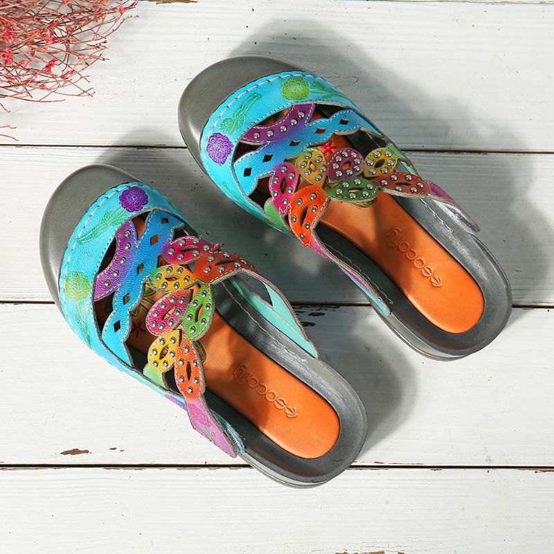 Sandalias De Lazo De Gancho Ajustable Con Decoración De Remaches De Color De Cuero Genuino Para Mujeres