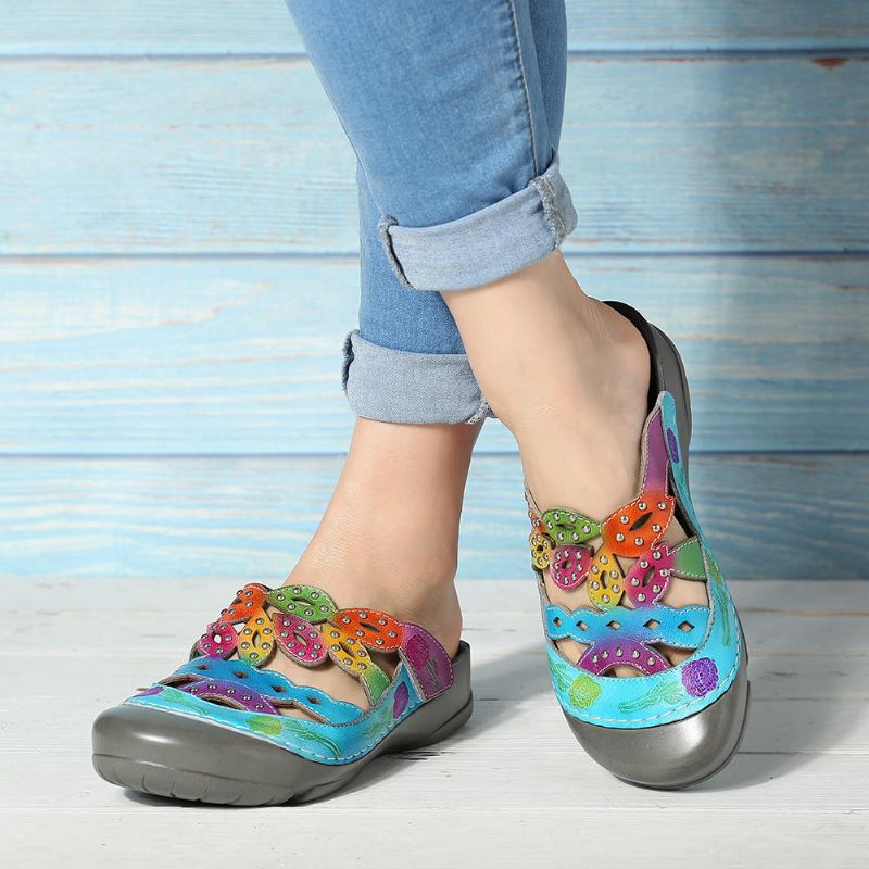 Sandalias De Lazo De Gancho Ajustable Con Decoración De Remaches De Color De Cuero Genuino Para Mujeres