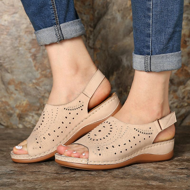 Sandalias De Lazo De Gancho Con Patrón Hueco Informal Para Mujer De Gran Tamaño