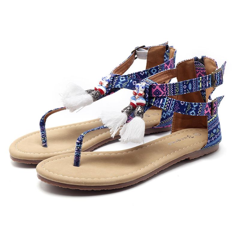 Sandalias Planas Bohemias Cómodas Con Flecos Para Mujer