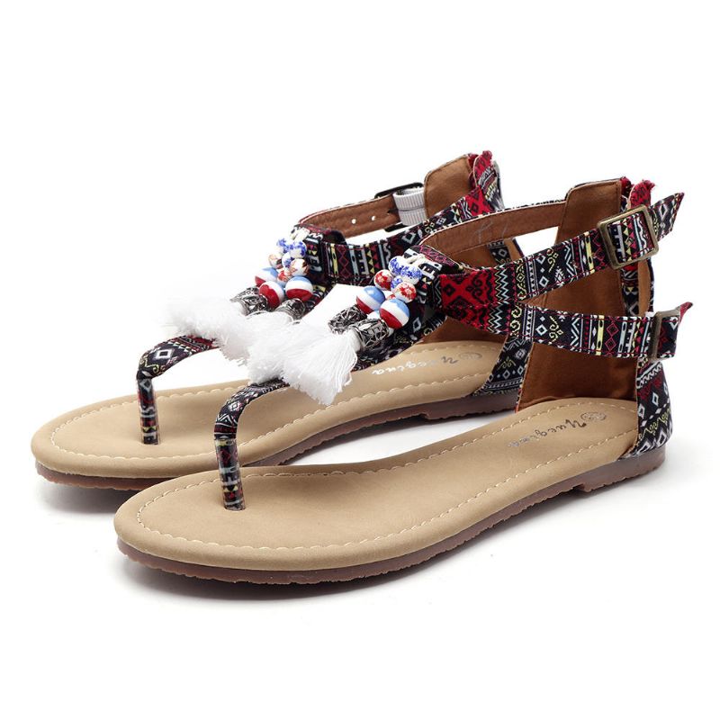 Sandalias Planas Bohemias Cómodas Con Flecos Para Mujer