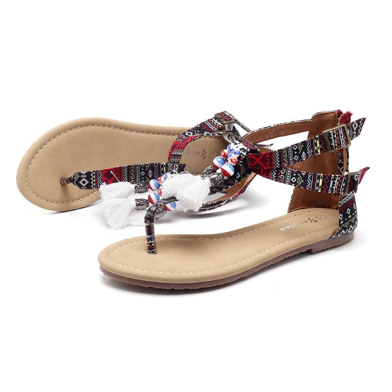 Sandalias Planas Bohemias Cómodas Con Flecos Para Mujer