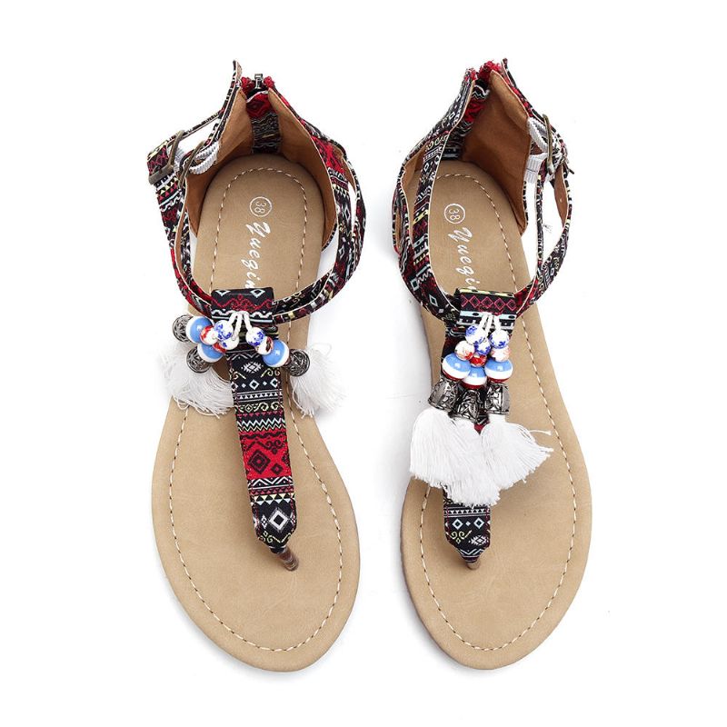 Sandalias Planas Bohemias Cómodas Con Flecos Para Mujer