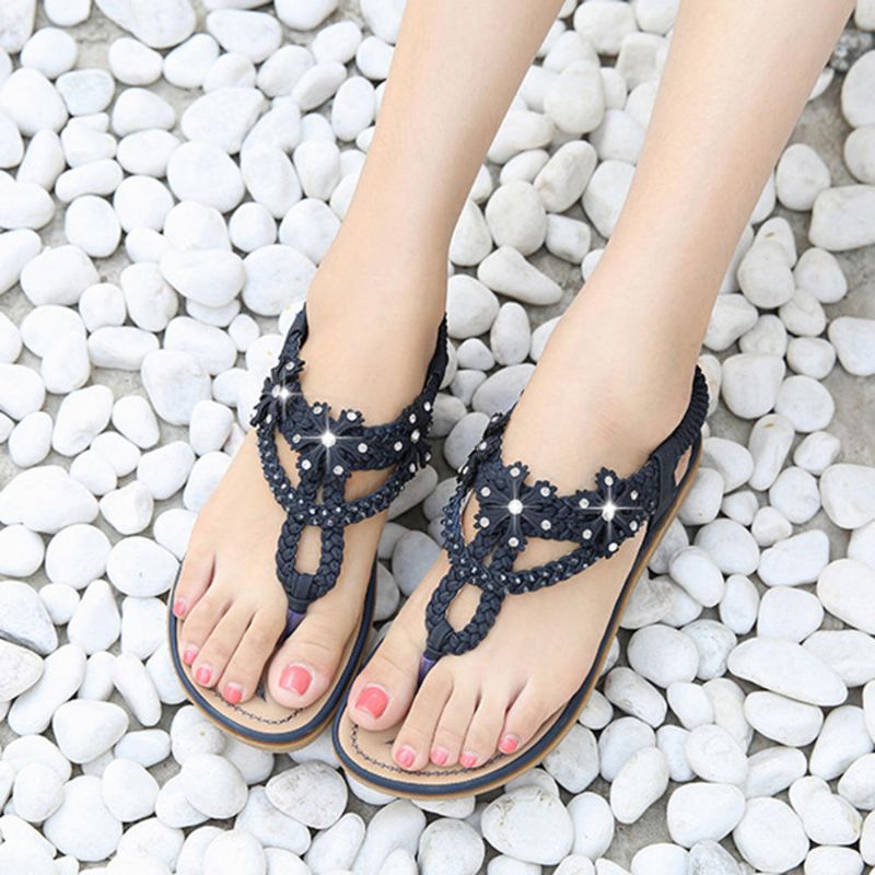 Sandalias Planas Casuales Cómodas Con Diamantes De Imitación Bohemios Para Mujer