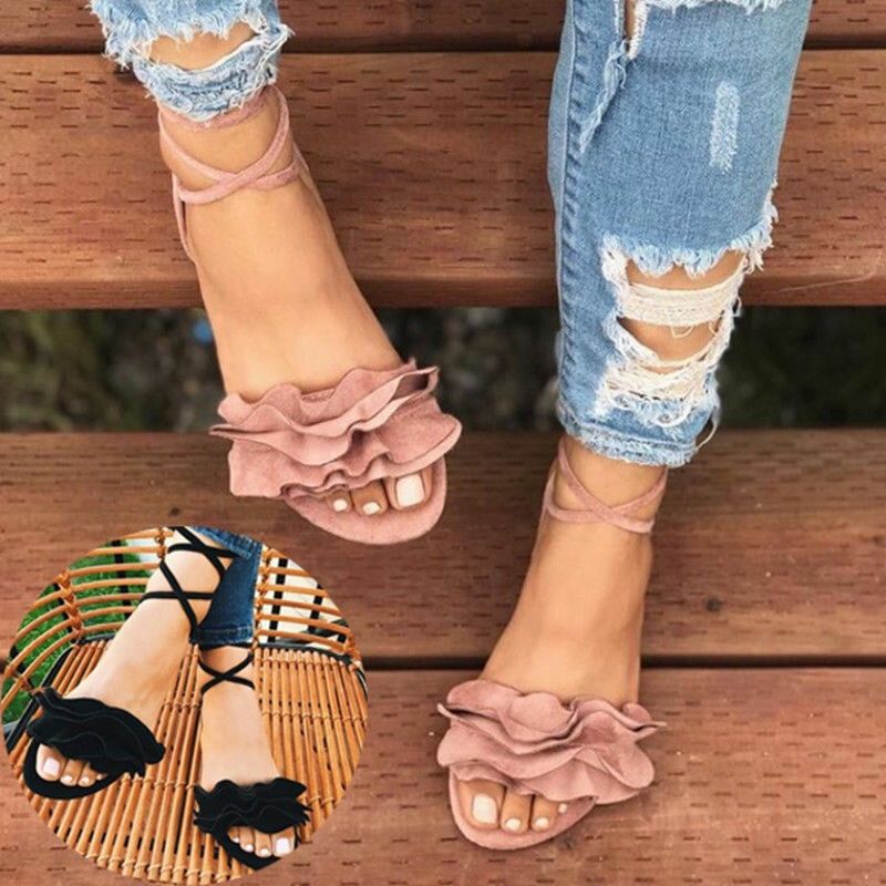 Sandalias Planas Causales De Playa De Verano De Moda Con Cordones De Color Sólido Con Tiras De Talla Grande Para Mujer