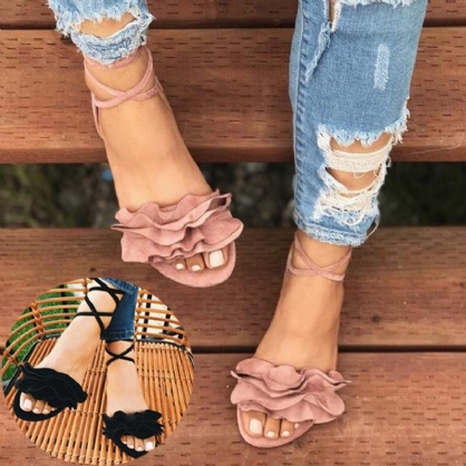 Sandalias Planas Causales De Playa De Verano De Moda Con Cordones De Color Sólido Con Tiras De Talla Grande Para Mujer