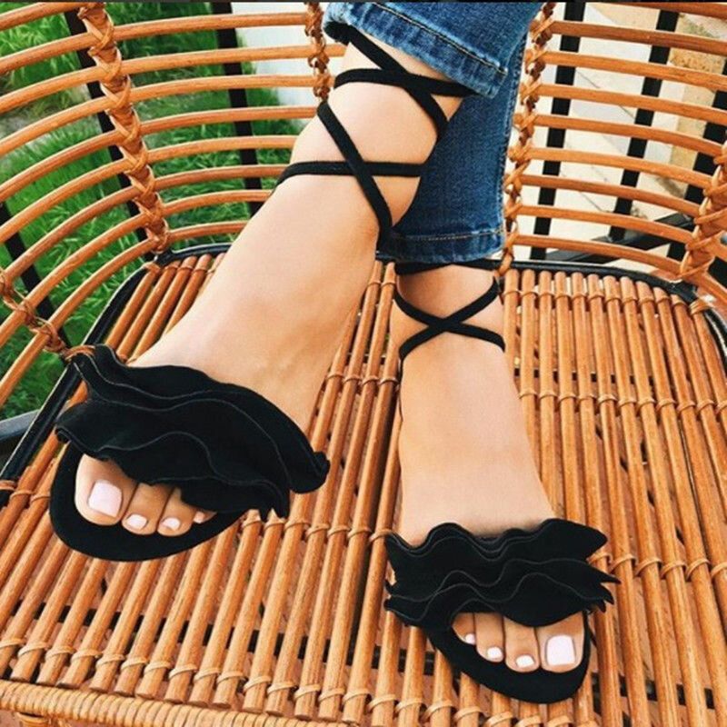 Sandalias Planas Causales De Playa De Verano De Moda Con Cordones De Color Sólido Con Tiras De Talla Grande Para Mujer