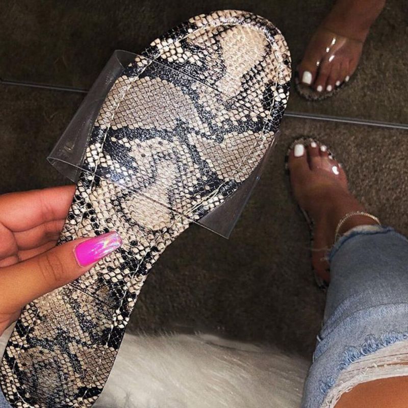 Sandalias Planas De Cinturón Transparente Con Estampado De Piel De Serpiente Para Mujer