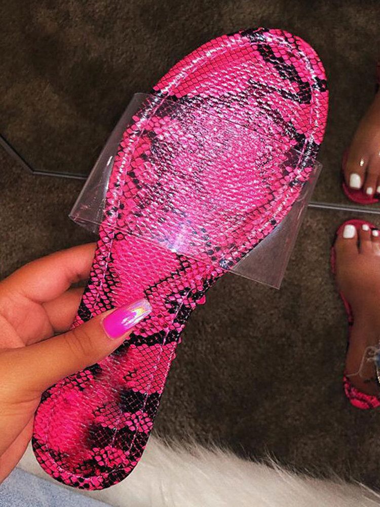 Sandalias Planas De Cinturón Transparente Con Estampado De Piel De Serpiente Para Mujer