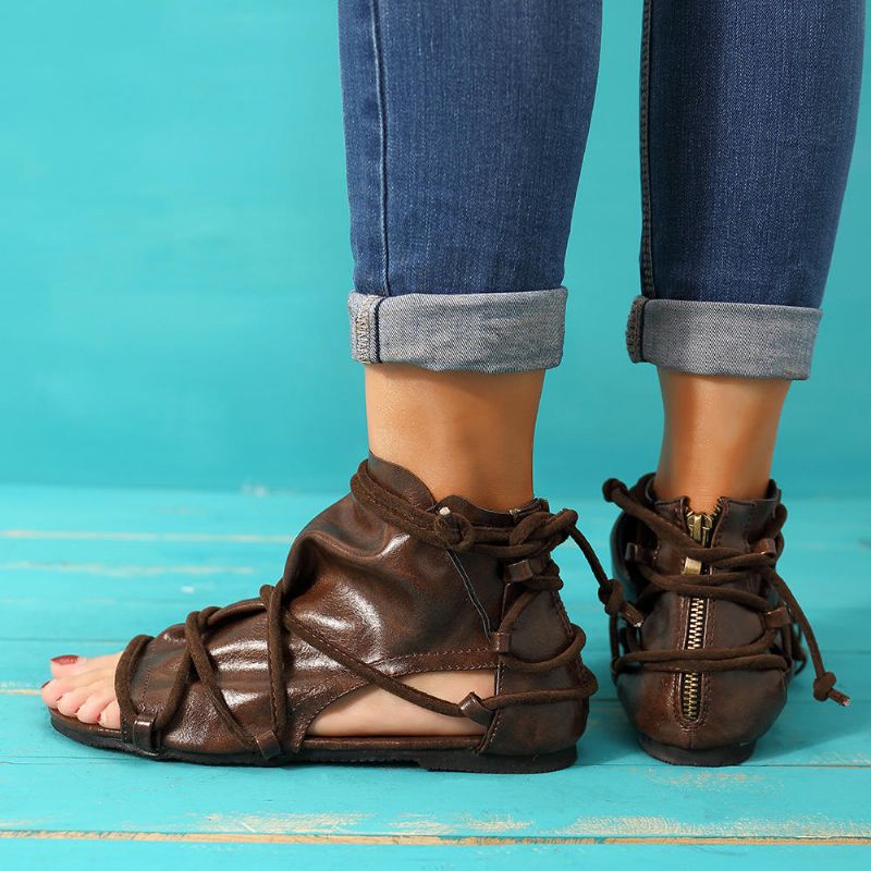 Sandalias Planas Con Cremallera Informal De Punta Abierta Vintage De Gran Tamaño