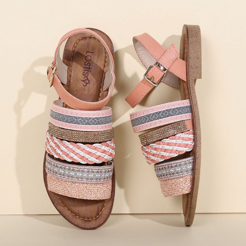 Sandalias Planas Con Hebilla De Costura De Tejido Bohemio Informal Para Mujer