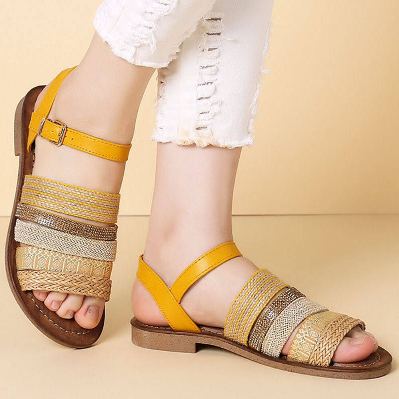 Sandalias Planas Con Hebilla De Costura De Tejido Bohemio Informal Para Mujer