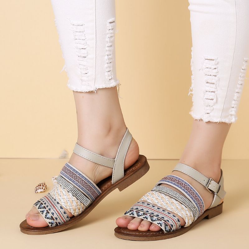 Sandalias Planas Con Hebilla De Costura De Tejido Bohemio Informal Para Mujer