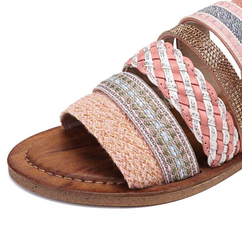 Sandalias Planas Con Hebilla De Costura De Tejido Bohemio Informal Para Mujer