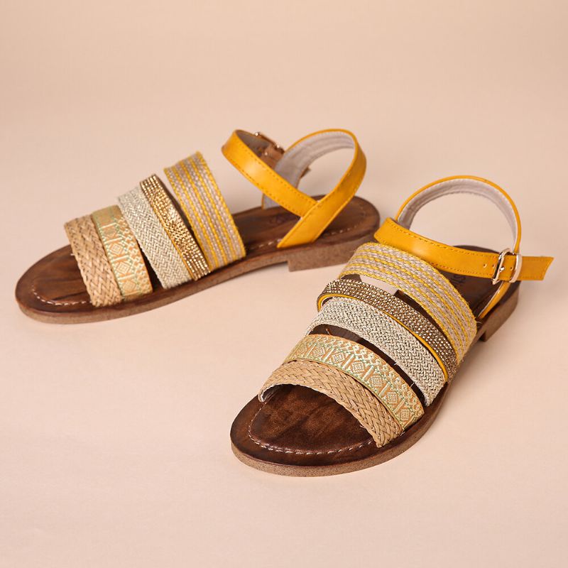 Sandalias Planas Con Hebilla De Costura De Tejido Bohemio Informal Para Mujer