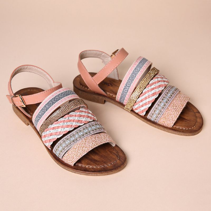 Sandalias Planas Con Hebilla De Costura De Tejido Bohemio Informal Para Mujer