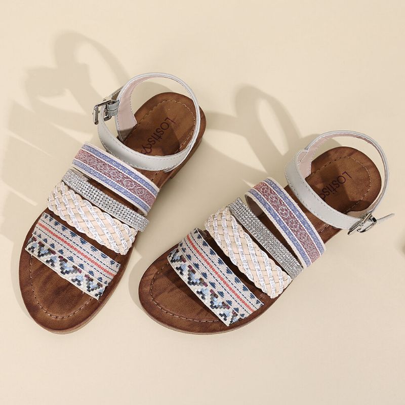 Sandalias Planas Con Hebilla De Costura De Tejido Bohemio Informal Para Mujer