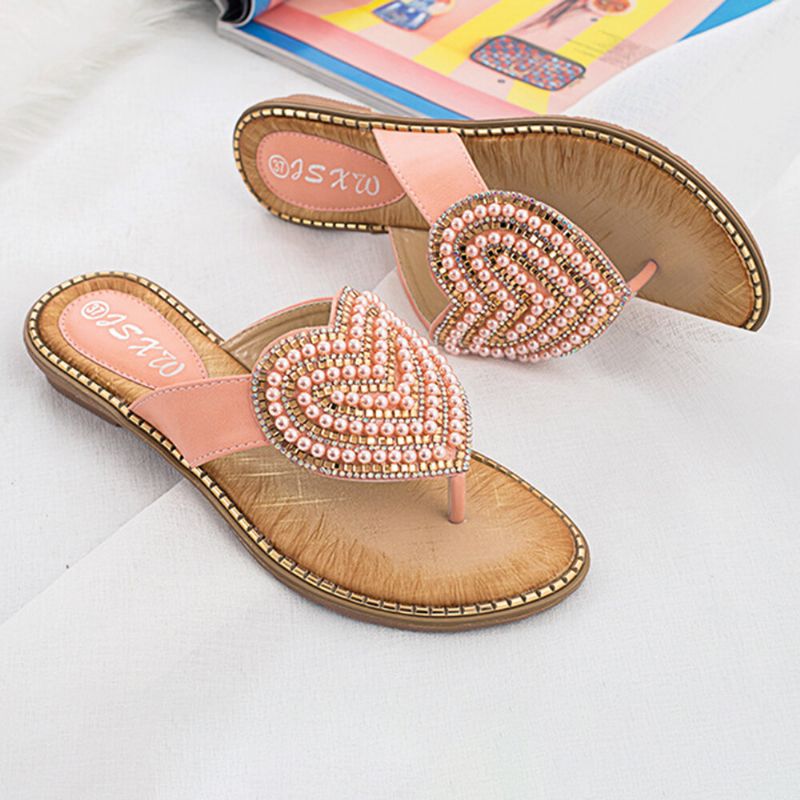 Sandalias Planas Con Punta De Clip Para Decoración En Forma De Corazón Con Diamantes De Imitación Para Mujer