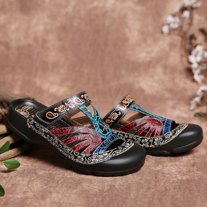 Sandalias Planas Con Tiras Ajustables De Cuero Con Recorte Floral Vintage Slip On Mulas Zuecos