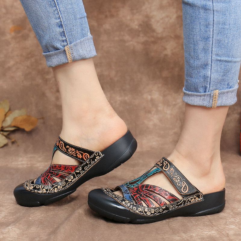 Sandalias Planas Con Tiras Ajustables De Cuero Con Recorte Floral Vintage Slip On Mulas Zuecos