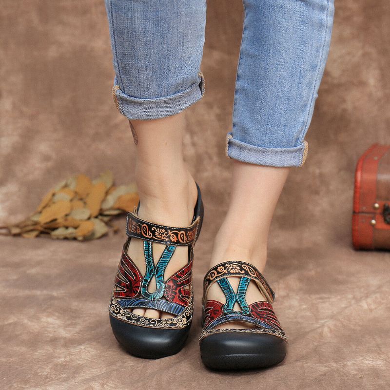 Sandalias Planas Con Tiras Ajustables De Cuero Con Recorte Floral Vintage Slip On Mulas Zuecos