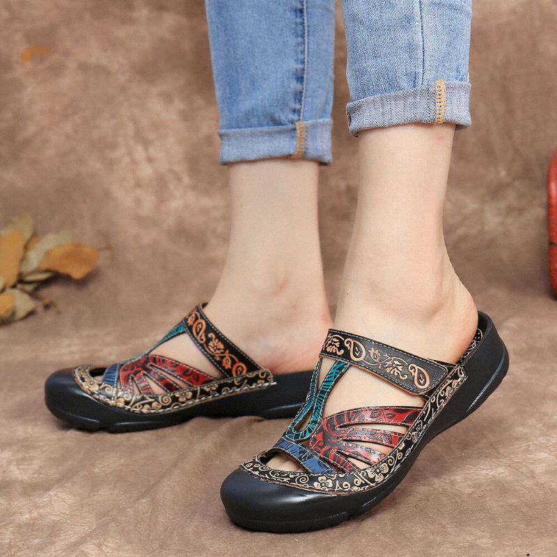 Sandalias Planas Con Tiras Ajustables De Cuero Con Recorte Floral Vintage Slip On Mulas Zuecos