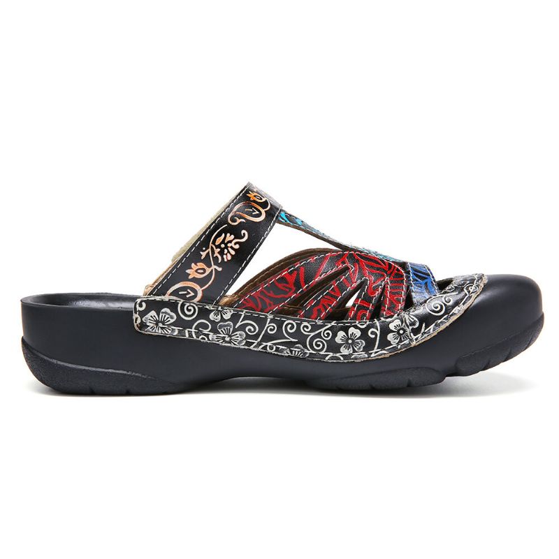 Sandalias Planas Con Tiras Ajustables De Cuero Con Recorte Floral Vintage Slip On Mulas Zuecos