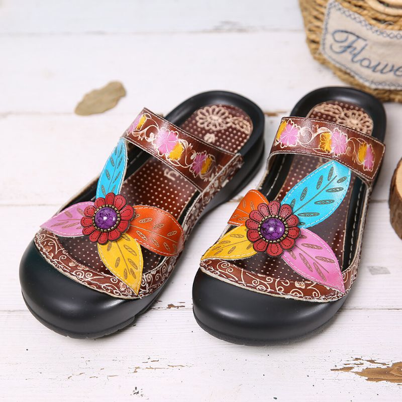 Sandalias Planas De Cuero Con Correa De Bucle De Gancho Floral Slip On Mules Zuecos