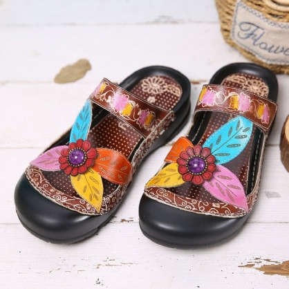 Sandalias Planas De Cuero Con Correa De Bucle De Gancho Floral Slip On Mules Zuecos