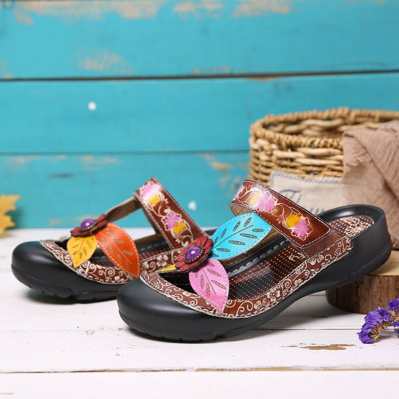 Sandalias Planas De Cuero Con Correa De Bucle De Gancho Floral Slip On Mules Zuecos