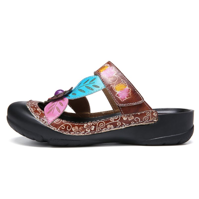 Sandalias Planas De Cuero Con Correa De Bucle De Gancho Floral Slip On Mules Zuecos