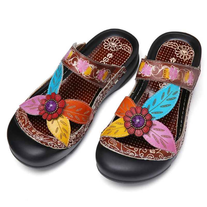 Sandalias Planas De Cuero Con Correa De Bucle De Gancho Floral Slip On Mules Zuecos