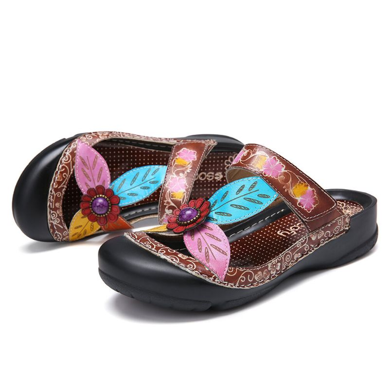 Sandalias Planas De Cuero Con Correa De Bucle De Gancho Floral Slip On Mules Zuecos