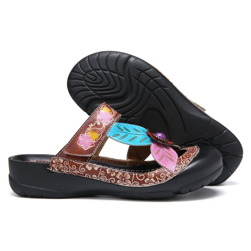 Sandalias Planas De Cuero Con Correa De Bucle De Gancho Floral Slip On Mules Zuecos