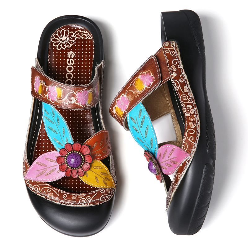 Sandalias Planas De Cuero Con Correa De Bucle De Gancho Floral Slip On Mules Zuecos