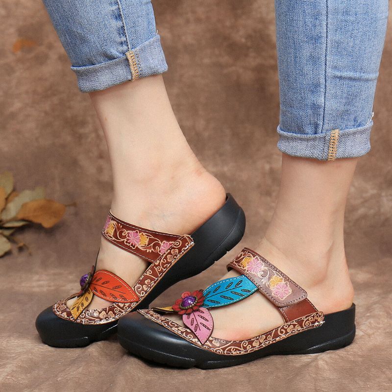 Sandalias Planas De Cuero Con Correa De Bucle De Gancho Floral Slip On Mules Zuecos