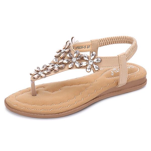 Sandalias Planas Informales Con Punta De Clip De Flores De Cristal Bohemio Para Mujer