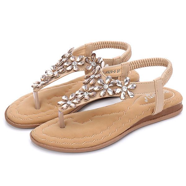 Sandalias Planas Informales Con Punta De Clip De Flores De Cristal Bohemio Para Mujer