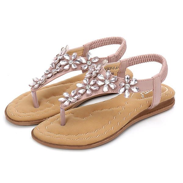 Sandalias Planas Informales Con Punta De Clip De Flores De Cristal Bohemio Para Mujer