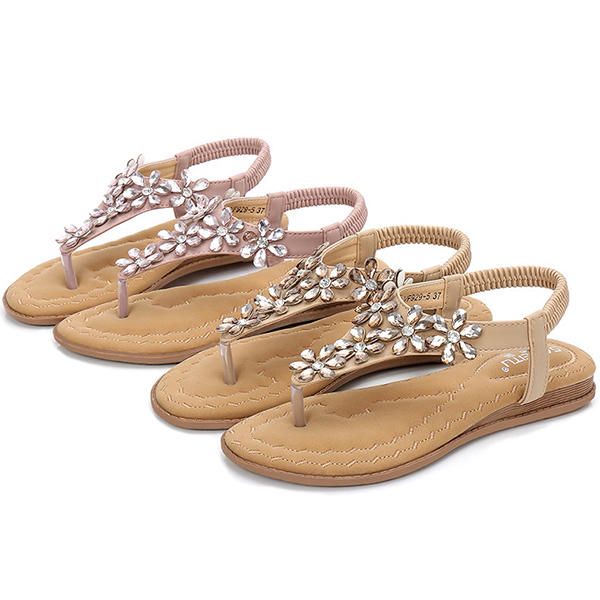 Sandalias Planas Informales Con Punta De Clip De Flores De Cristal Bohemio Para Mujer