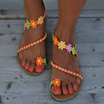 Sandalias Planas De Playa De Verano Con Diseño De Flores Bohemias Para Mujer