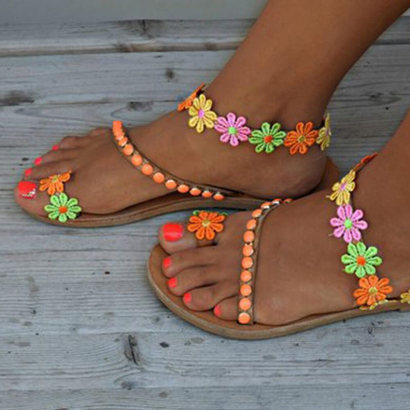 Sandalias Planas De Playa De Verano Con Diseño De Flores Bohemias Para Mujer