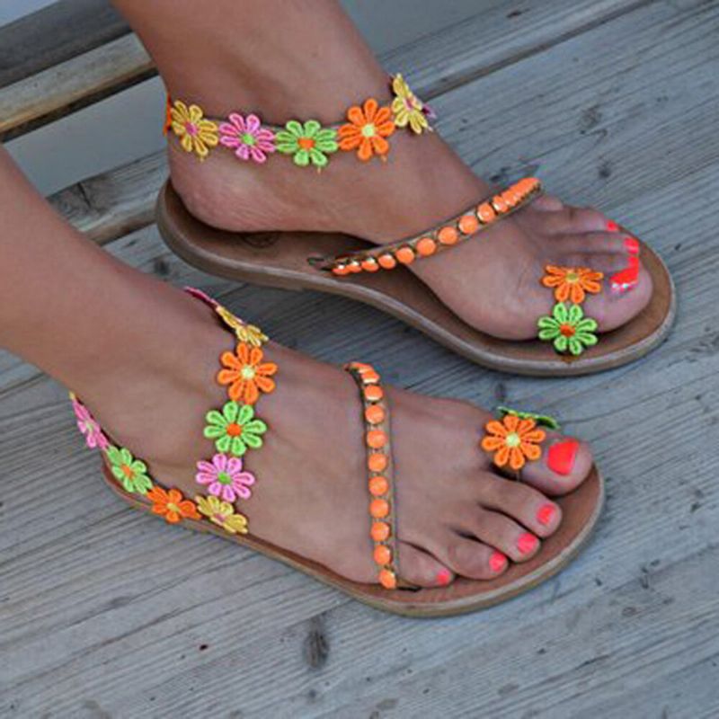 Sandalias Planas De Playa De Verano Con Diseño De Flores Bohemias Para Mujer