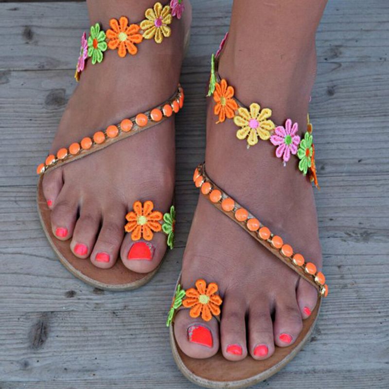 Sandalias Planas De Playa De Verano Con Diseño De Flores Bohemias Para Mujer