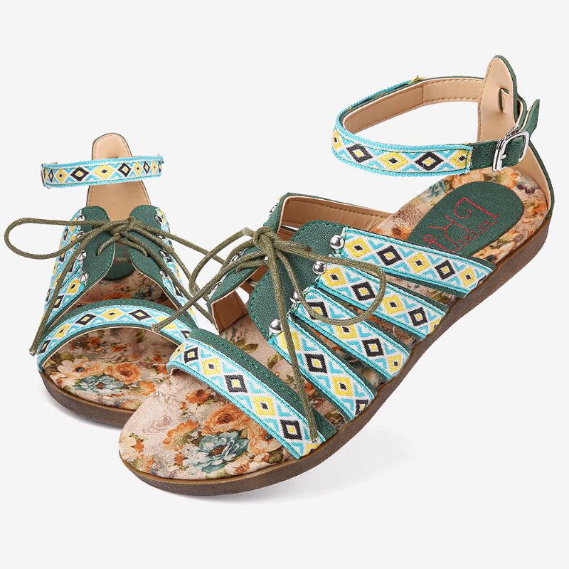 Sandalias Planas De Playa De Verano Informal Con Hebilla De Punta Abierta Bordada Bohemia Para Mujer