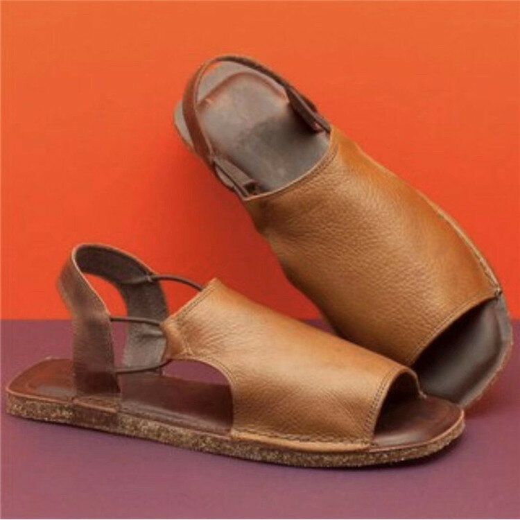 Sandalias Planas Romanas De Verano Con Tirantes Casuales De Color Sólido Ahuecadas De Gran Tamaño Para Mujer