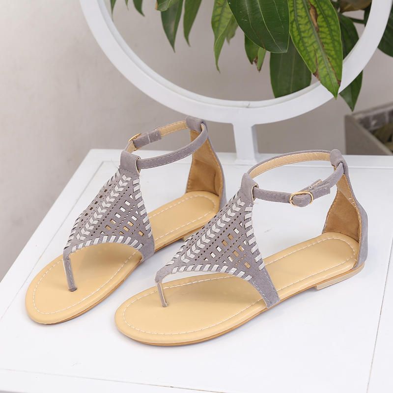 Sandalias Planas Tejidas Con Hueco Bohemio Para Mujer