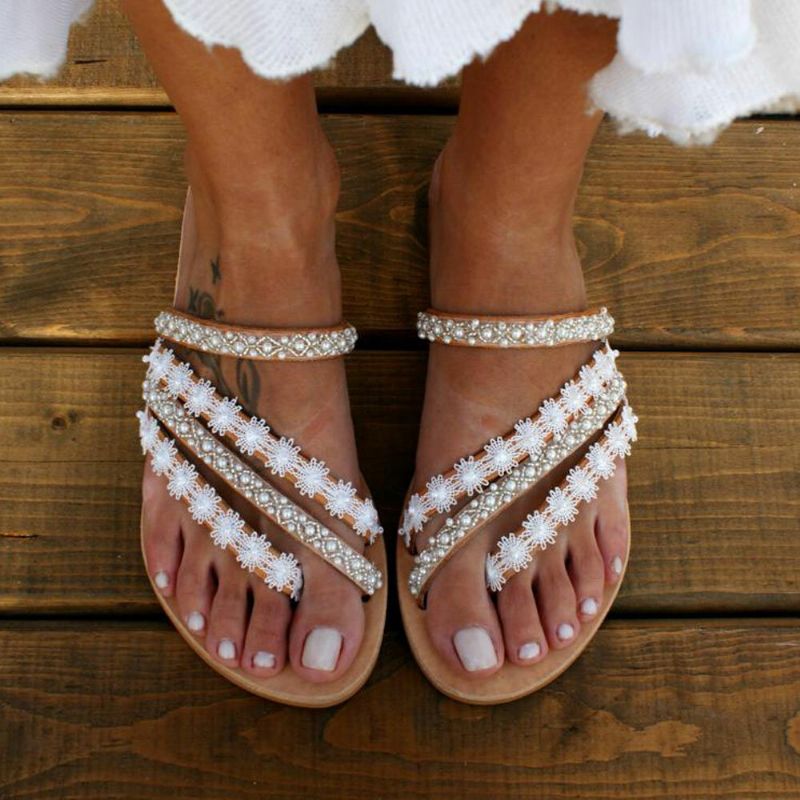 Sandalias Planas De Verano Con Cuentas De Bohemia Para Mujer