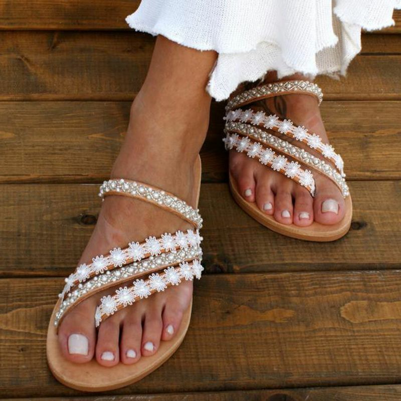 Sandalias Planas De Verano Con Cuentas De Bohemia Para Mujer