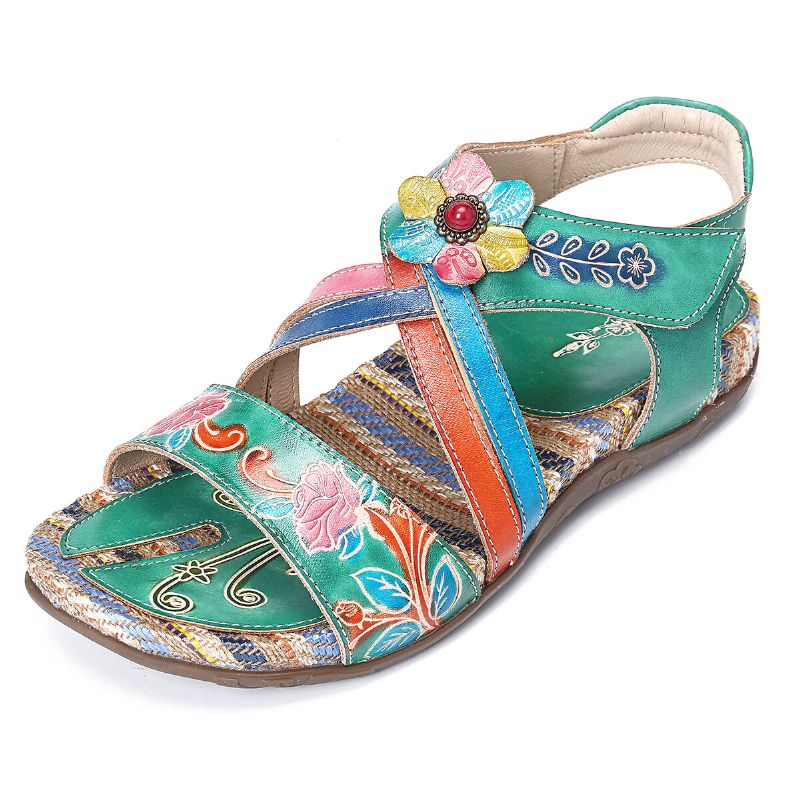 Sandalias Planas De Verano Con Lazo De Gancho De Patrón Retro De Flores Hechas A Mano De Cuero Genuino Para Mujer